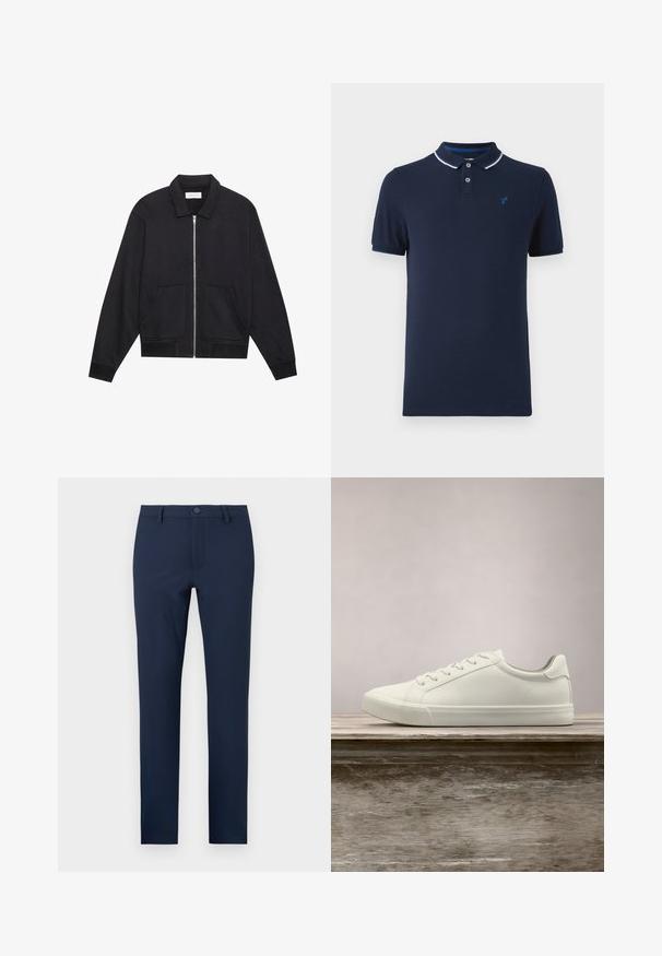Sort lynlåsjakke med krave, to frontlommer, ribbede manchetter og en struktureret stoffinish. Enkel og moderne design.; Marineblå polo t-shirt lavet af bomuld, med krave, to knapper i placket, korte ærmer og et lille logo på brystet.; Marineblå bukser lavet af et glat stof, med knaplukning, for- og baglommer, samt et skræddersyet, lige ben-design.; Hvide snørresneakers svævende over en træbænk med grønne planter i baggrunden, der fremhæver skodesign og tekstur.