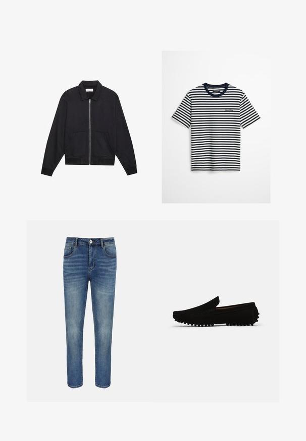 Schwarze Zip-Jacke mit Kragen, zwei Fronttaschen, gerippten Bündchen und einer strukturierten Stoffoberfläche. Einfaches und modernes Design.; Marineblaue und weiße horizontal gestreifte kurzärmelige T-Shirt mit marineblauem Kragen und kleinem Marc O’Polo-Logo auf der Brust.; Blaue gerade geschnittene Jeans mit vorderer Knopfleiste und Reißverschluss, Gürtelschlaufen sowie Vorder- und Gesäßtaschen.; Schwarze Wildleder Slipper mit einer leicht erhöhten, strukturierten Außensohle und einer Ziernaht entlang der Kanten, die ein klassisches Schlupfdesign aufweisen.