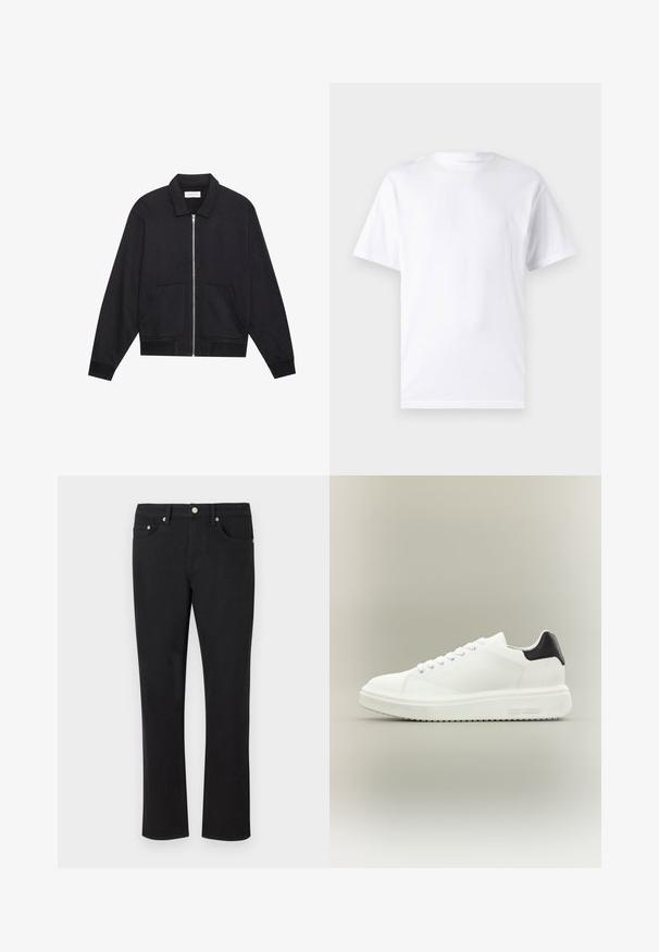 Sort lynlåsjakke med krave, to frontlommer, ribbede manchetter og en struktureret stoffinish. Enkel og moderne design.; Hvid kortærmet t-shirt lavet af bomuld med rund hals, der har en glat tekstur og et simpelt design uden mønstre eller accenter.; Sorte denimjeans med lige ben, der har fem lommer og sølvhardware med en glat tekstur. Ingen mønstre eller accenter.; Hvid lav sneakers med tyk sål, snørelukning foran og sort hælstrop, mærket med "Steve Madden" på siden af sålen.