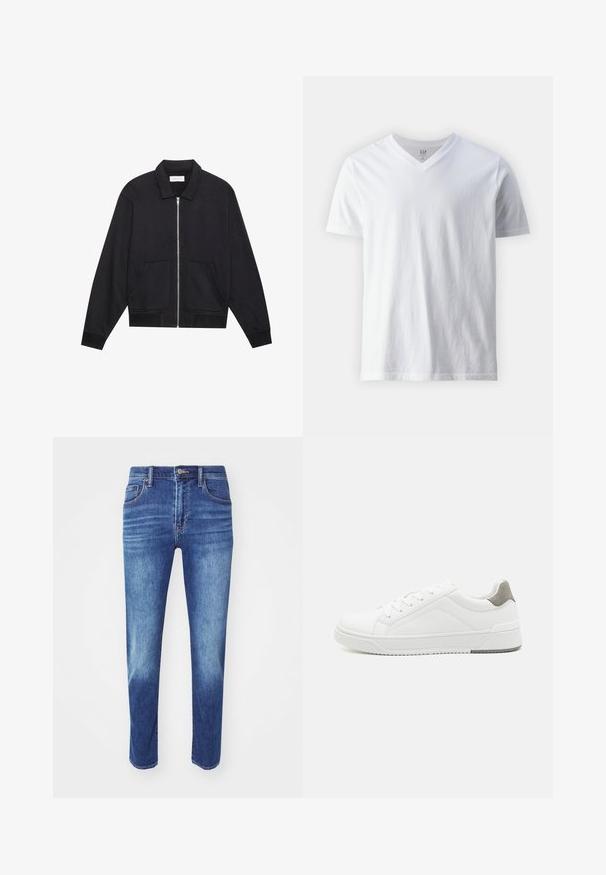 Sort lynlåsjakke med krave, to frontlommer, ribbede manchetter og en struktureret stoffinish. Enkel og moderne design.; Kortærmet, V-hals hvid T-shirt lavet af bomuld. Har et ensfarvet design med en glat tekstur og en afslappet pasform.; Blå denimjeans med lige skæring, fem-lomme design og klassisk knaplukning. Har subtil fading og broderede detaljer.; Hvid sneaker lavet af glat læder, rund tå, minimalistisk design, grå hælafsats og tekstureret gummisål.