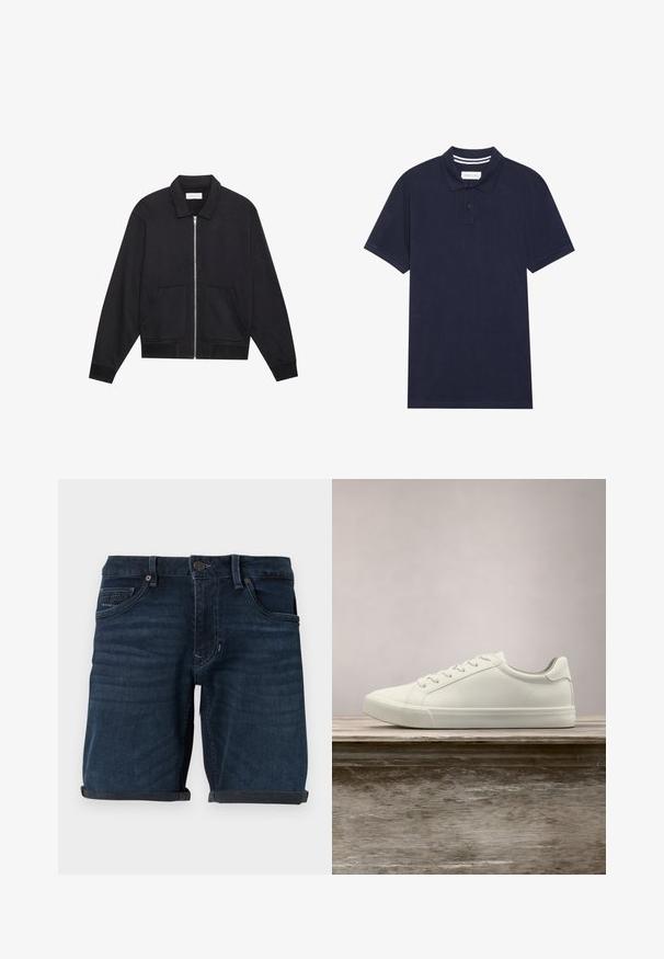 Zwarte ritssluiting jack met een kraag, twee voorkruiszakken, ribgebreide manchetten en een textuurstofafwerking. Eenvoudig en modern ontwerp.; Marineblauwe polo shirt van gestructureerde stof, met een knoopsluiting met drie knopen, korte mouwen en een gestreepte kraag.; Donkerblauwe denimshorts met opgerolde mouwen, voorzien van voorzakken, een knoopsluiting en een merkelabel op de achterzak.; Witte vetersneaker die boven een houten bank zweeft met groene bladeren op de achtergrond, waarbij het ontwerp en de textuur van de schoen worden getoond.