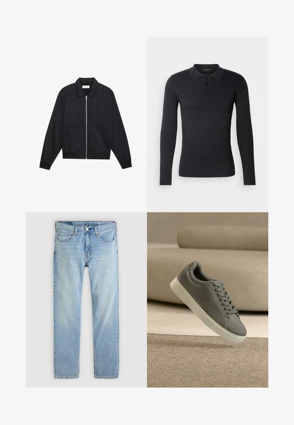 Veste noire zippée avec col, deux poches avant, poignets côtelés et finition en tissu texturé. Design simple et moderne.; Polo-shirt noir à manches longues en tissu tricoté. Présente un col, une patte de boutonnage à trois boutons, et des poignets côtelés pour un look ajusté.; Jean bleu clair à jambes droites avec cinq poches, fermeture par bouton, et coutures visibles sur un fond uni.; Baskets en daim gris avec semelle blanche et lacets flottant au-dessus d'un tapis beige texturé dans une pièce aux tons neutres.