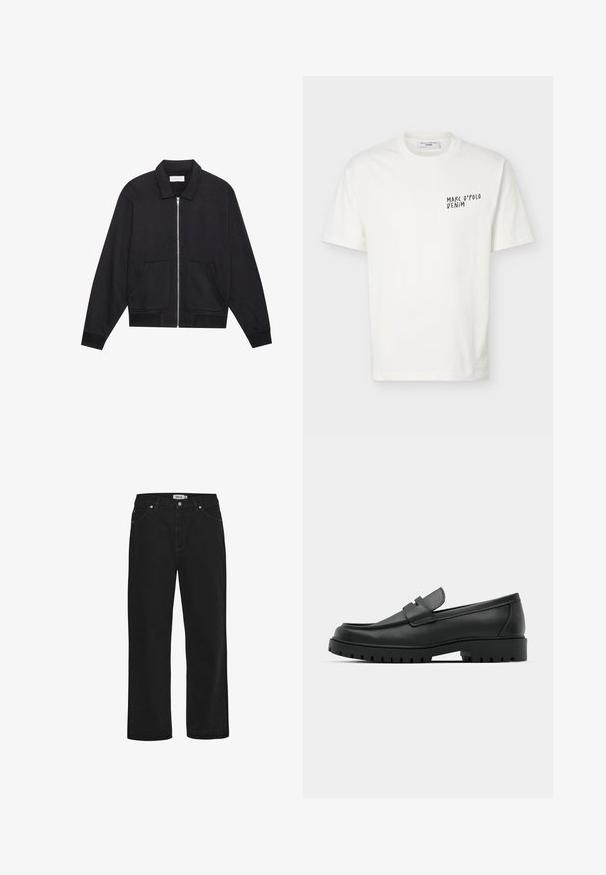 Schwarze Zip-Jacke mit Kragen, zwei Fronttaschen, gerippten Bündchen und einer strukturierten Stoffoberfläche. Einfaches und modernes Design.; Weißes T-Shirt mit kurzen Ärmeln und Rundhalsausschnitt mit schwarzem "Marc O’Polo Denim"-Logo auf der linken Brust.; Schwarze Jeans aus Denim mit geradem Schnitt, Fünf-Taschen-Design, Kupferhardware-Akzenten und einem robusten Bund. Glatte Textur, schlichte Stil.; Schwarze Lederloafer mit runder Zehenform, ausgestattet mit einem gesteppten Design, niedrigem Plattformsohle und einer strukturierten, genoppten Gummisohle.