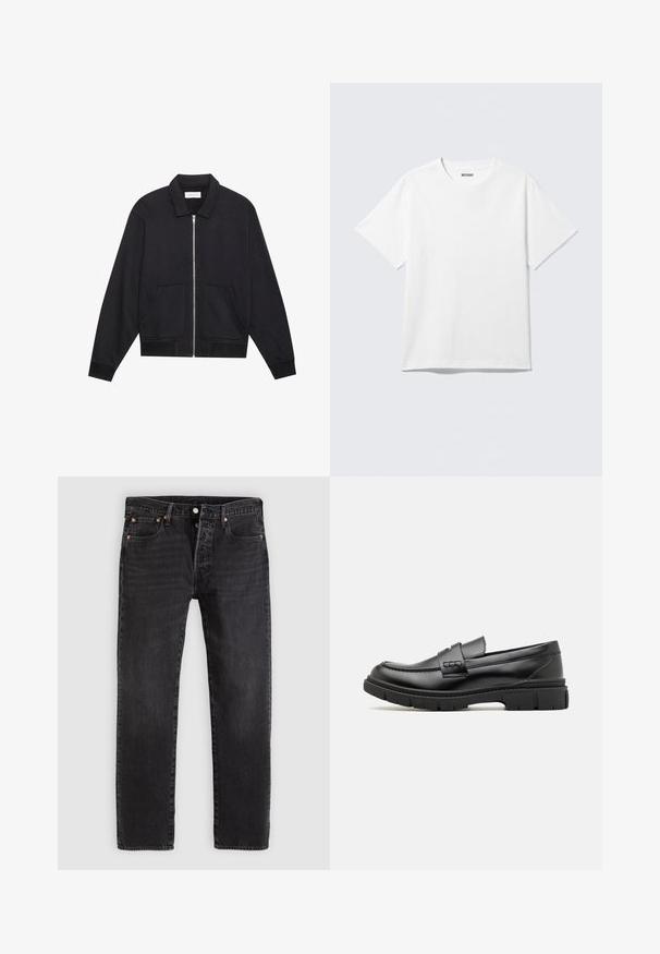 Veste noire zippée avec col, deux poches avant, poignets côtelés et finition en tissu texturé. Design simple et moderne.; T-shirt blanc à manches courtes et col rond, étalé à plat, design uni, avec l'étiquette "WEEKDAY" à l'intérieur du col sur un fond clair.; Jean en denim noir à coupe droite, avec deux poches avant, une poche à monnaie et des rivets en métal. Design classique à cinq poches.; Mocassin en cuir noir avec une large sangle sur le devant, semelle en caoutchouc à épaisse rainure, et texture lisse. Design classique et élégant.