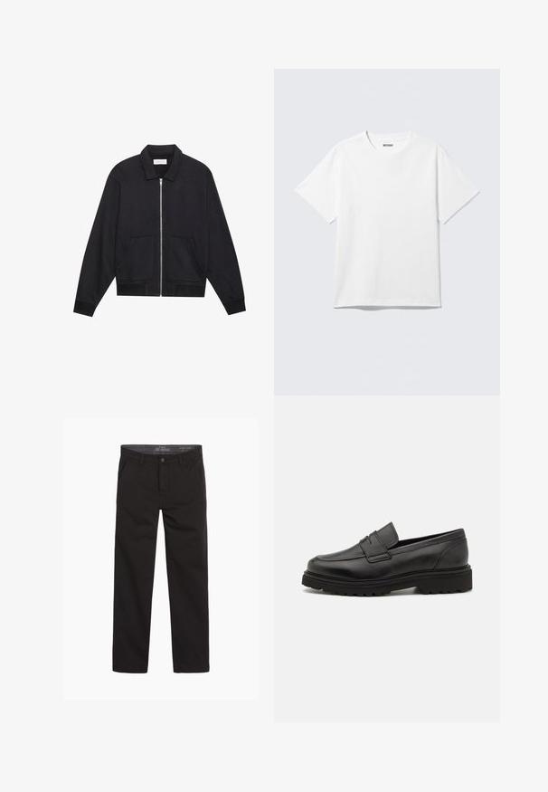 Chaqueta negra con cremallera y cuello, dos bolsillos frontales, puños acanalados y un acabado de tela texturizada. Diseño simple y moderno.; Camiseta blanca de manga corta con cuello redondo, colocada plana, diseño liso, con etiqueta "WEEKDAY" en el interior del cuello sobre un fondo claro.; Pantalones de algodón negros con una textura suave, diseño de pierna recta, cremallera en la bragueta y dos bolsillos frontales; estilo minimalista y versátil.; Mocasín de cuero negro con punta redonda, detalles de costura y suela gruesa y texturizada. Presenta un diseño elegante y minimalista.