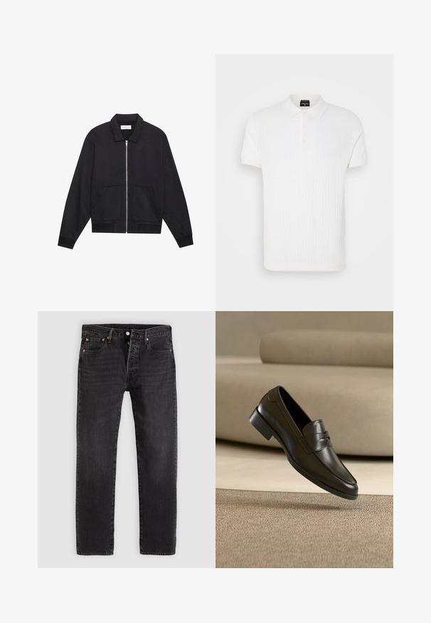 Veste noire zippée avec col, deux poches avant, poignets côtelés et finition en tissu texturé. Design simple et moderne.; Polo-shirt blanc à manches courtes avec un motif en maille texturée, col classique et patte de boutonnage à trois boutons. Fini en tissu lisse.; Jean en denim noir à coupe droite, avec deux poches avant, une poche à monnaie et des rivets en métal. Design classique à cinq poches.; Mocassin en cuir noir flottant au-dessus d'un tapis beige avec un canapé beige en arrière-plan, mettant en valeur le design classique pour hommes sans lacets.