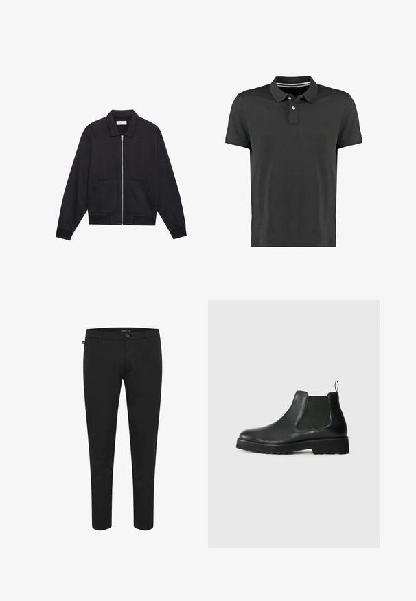Sort lynlåsjakke med krave, to frontlommer, ribbede manchetter og en struktureret stoffinish. Enkel og moderne design.; Sort polo-shirt lavet af bomuld, med en klassisk krave, tre knapper og en subtil stribet detalje ved halsen. Korte ærmer.; Sorte bukser lavet af glat stof. Har en knaplukning, bæltesløjfer og et slim fit-design med tapered ben. Ingen synlige mønstre.; Sorte læder chelsea-støvler med elastisk sideskæring, afrundet tå, tekstureret sål og lille hængsel ved hælen.