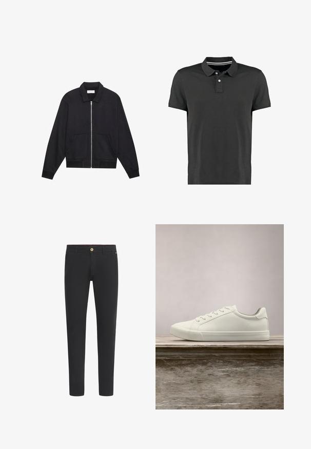 Chaqueta negra con cremallera y cuello, dos bolsillos frontales, puños acanalados y un acabado de tela texturizada. Diseño simple y moderno.; Polo negra de algodón, con un cuello clásico, tres botones y un sutil detalle a rayas en el cuello. Manga corta.; Chinos negros de mezcla de algodón, con un diseño de corte ajustado, cierre de botón, trabillas para cinturón y bolsillos laterales. Textura suave en toda su superficie.; Zapatilla blanca con cordones flotando sobre un banco de madera con follaje verde al fondo, mostrando el diseño y la textura del zapato.