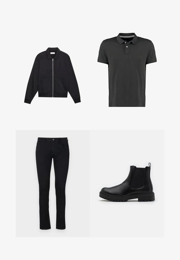 Schwarze Zip-Jacke mit Kragen, zwei Fronttaschen, gerippten Bündchen und einer strukturierten Stoffoberfläche. Einfaches und modernes Design.; Schwarzes Polohemd aus Baumwolle mit klassischem Kragen, drei Knöpfen und einem dezenten gestreiften Detail am Hals. Kurze Ärmel.; Schwarze Slim-Fit-Jeans aus Denim mit glatter Textur. Mit fünf Taschen und einem Reißverschluss sowie einem Knopfverschluss an der Taille.; Zign by Zalando LEATHER - Stiefelette - black