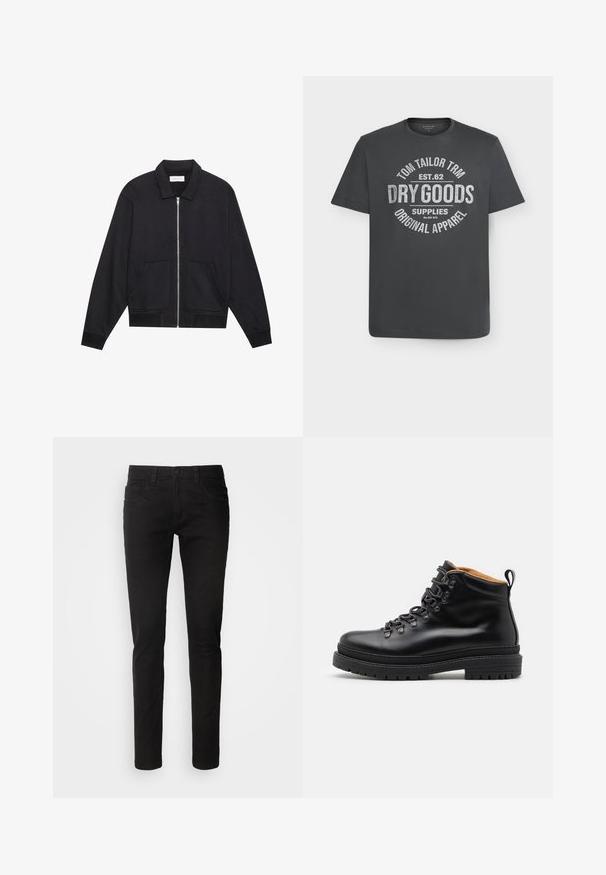 Sort lynlåsjakke med krave, to frontlommer, ribbede manchetter og en struktureret stoffinish. Enkel og moderne design.; Mørkegrå T-shirt med korte ærmer og rund hals med hvid tekst, der lyder "Tom Tailor TRM Est. 62 Dry Goods Supplies Original Apparel" centreret på forsiden.; Sorte denimjeans med slim fit, fem lommer, lynlås og en ren, glat tekstur. Standard talje med bæltestropper.; Zign by Zalando LEATHER - Snørestøvletter - black