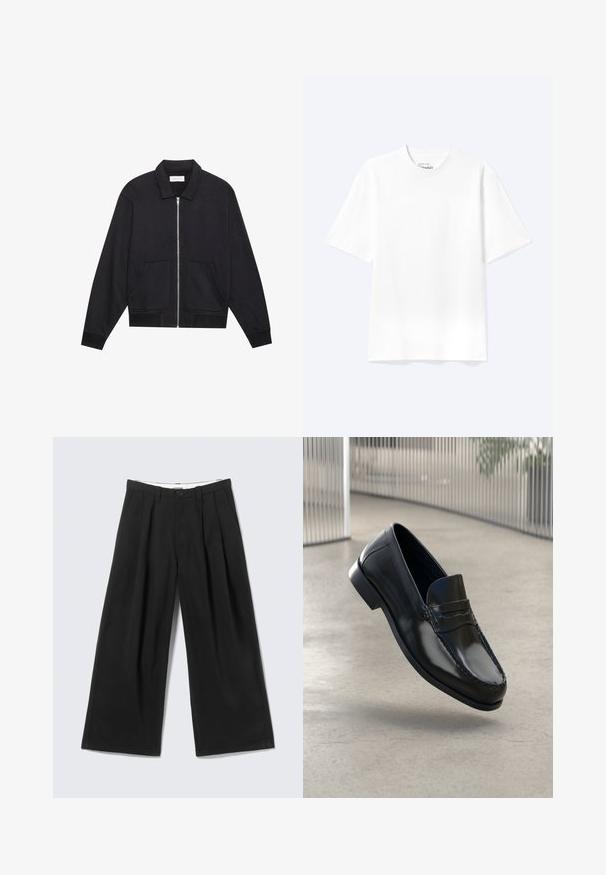 Schwarze Zip-Jacke mit Kragen, zwei Fronttaschen, gerippten Bündchen und einer strukturierten Stoffoberfläche. Einfaches und modernes Design.; Schlichtes weißes T-Shirt mit kurzen Ärmeln und Rundhalsausschnitt in entspannter Passform, auf hellem Hintergrund dargestellt.; Schwarze breitbeinige Hose mit Falten, Gürtelschlaufen und Knopfverschluss, vor einem hellgrauen Hintergrund präsentiert.; Schwarze Leder-Loafer mit glatter Oberfläche, abgerundeter Spitze, dekorativen Nähten und leicht erhöhtem Absatz.