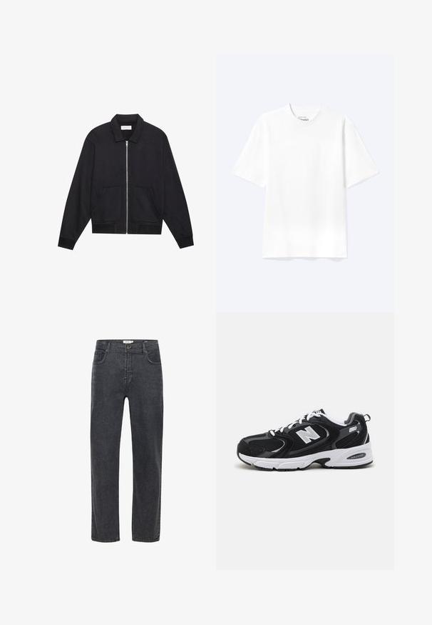 Veste noire zippée avec col, deux poches avant, poignets côtelés et finition en tissu texturé. Design simple et moderne.; T-shirt blanc uni à manches courtes et col rond avec une coupe décontractée, présenté sur un fond clair.; Jean en denim noir à coupe droite, fermeture par bouton et zip, poches avant et arrière, et passants de ceinture.; Baskets de sport noires et grises avec un tige en mesh et en suède, présentant une semelle intermédiaire blanche, des lacets et un logo "N" audacieux sur le côté.