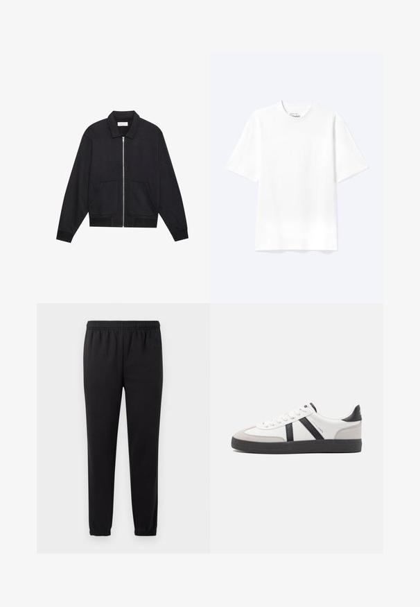 Schwarze Zip-Jacke mit Kragen, zwei Fronttaschen, gerippten Bündchen und einer strukturierten Stoffoberfläche. Einfaches und modernes Design.; Schlichtes weißes T-Shirt mit kurzen Ärmeln und Rundhalsausschnitt in entspannter Passform, auf hellem Hintergrund dargestellt.; Schwarze Jogginghose mit elastischem Bund, schmal zulaufenden Beinen und strukturiertem Stoff. Verfügt über ein dezentes Logo-Detail auf der linken Seite.; Weiße Sneaker mit schwarz- und grau-aczenten, ausgestattet mit einer strukturierten grauen Zehenkappe, schwarzer Gummi-Sohle und flachen weißen Schnürsenkeln. Sauberes Design, minimalistische Stil.