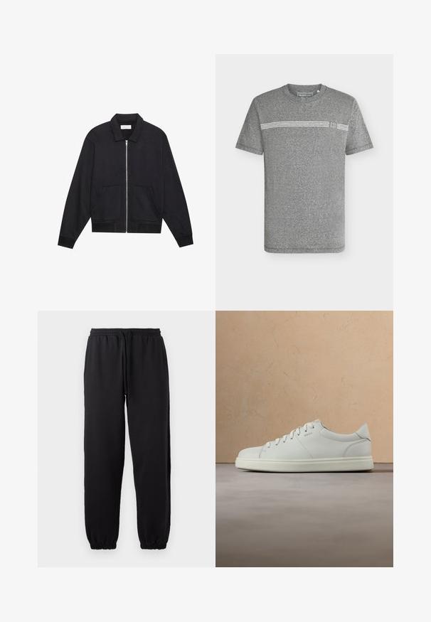 Sort lynlåsjakke med krave, to frontlommer, ribbede manchetter og en struktureret stoffinish. Enkel og moderne design.; Grå kortærmet t-shirt med rund hals, en horisontal hvid stribe og et lille "D"-logo på brystet.; Sorte joggingbukser lavet af blødt stof, med elastisk talje og justerbar snor, samt manchetter ved bunden.; Hvid lædersneaker med en glat tekstur, rund snude og flade snørebånd. Har et diskret logo og en letvægts sål.