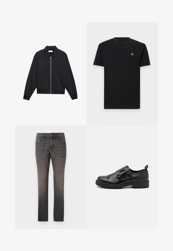 Sort lynlåsjakke med krave, to frontlommer, ribbede manchetter og en struktureret stoffinish. Enkel og moderne design.; Sort bomulds- T-shirt med korte ærmer, rund halsudskæring og et lille hvidt logo på venstre brystområde. Glat tekstur, enkelt design.; TOM TAILOR JOSH - Jeans Straight Leg - used dark stone black denim; Pier One Business loafers - black