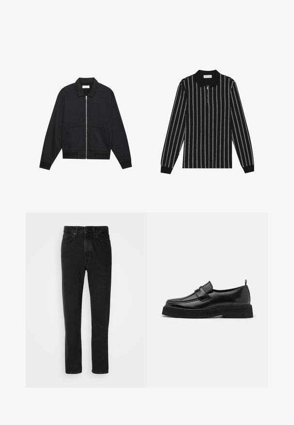 Veste noire zippée avec col, deux poches avant, poignets côtelés et finition en tissu texturé. Design simple et moderne.; Polo à manches longues noir à rayures verticales blanches, avec un col zippé et un tissu texturé. Accentué par des poignets côtelés.; Jeans en denim noir avec une coupe droite, dotés d'une fermeture à bouton et à zip, de poches avant et d'une texture subtile.; Chaussures en cuir noir de style mocassin avec une semelle plate et texturée, présentant un bout piqué et une sangle traversant le cou-de-pied.