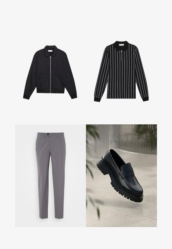 Chaqueta negra con cremallera y cuello, dos bolsillos frontales, puños acanalados y un acabado de tela texturizada. Diseño simple y moderno.; Camisa polo de manga larga en negro con rayas verticales blancas, que cuenta con un cuello con cremallera y una tela texturizada. Detalles en puños acanalados.; Pantalones grises a medida con una textura suave, diseño de pierna recta, cierre de un solo botón y bolsillos frontales. Sin patrones ni acentos visibles.; Mocasines de cuero negro con suela gruesa, que presentan una correa decorativa y detalles de costura. Textura suave con un acabado pulido.