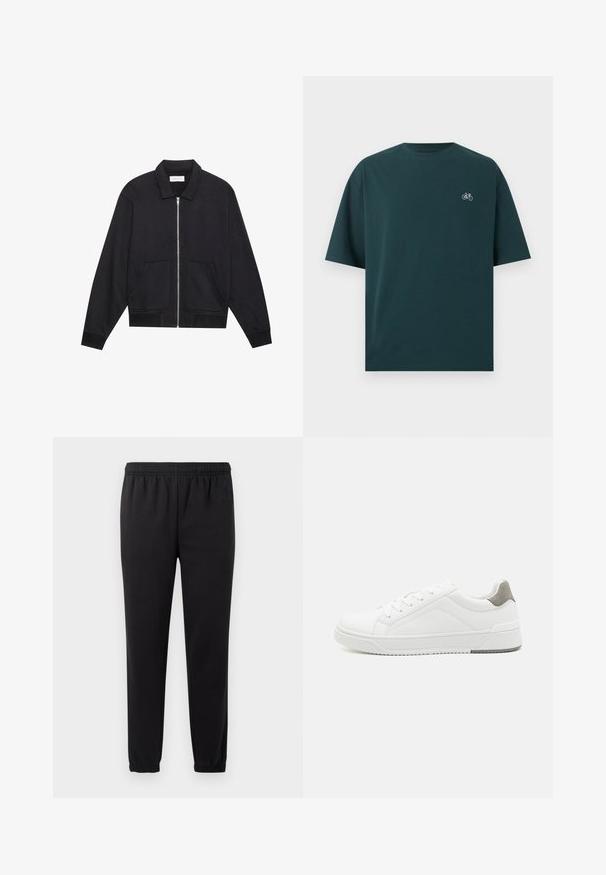 Zwarte ritssluiting jack met een kraag, twee voorkruiszakken, ribgebreide manchetten en een textuurstofafwerking. Eenvoudig en modern ontwerp.; Donkergroene korte mouwen T-shirt met ronde hals en klein wit fietsicoon op de linkerborst.; Zwarte joggingbroek met elastische tailleband, taps toelopende benen en textuurstof. Voorzien van een subtiele logo detail aan de linkerkant.; Witte sneaker van glad leer met een ronde neus, minimalistisch ontwerp, grijze hielaccent en een geplaatste rubberen zool.