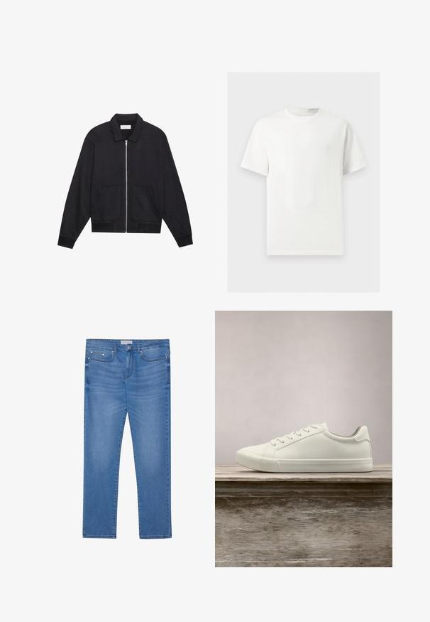 Zwarte ritssluiting jack met een kraag, twee voorkruiszakken, ribgebreide manchetten en een textuurstofafwerking. Eenvoudig en modern ontwerp.; Effen wit T-shirt met korte mouwen en ronde hals, weergegeven op een lichtgrijze achtergrond.; Lichtblauwe spijkerbroek met een rechte pijp, vijf zakken, subtiele vervaging en metalen accenten op de taille en zakken.; Witte vetersneaker die boven een houten bank zweeft met groene bladeren op de achtergrond, waarbij het ontwerp en de textuur van de schoen worden getoond.