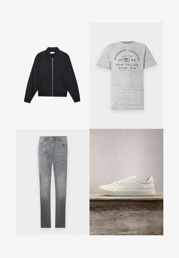 Veste noire zippée avec col, deux poches avant, poignets côtelés et finition en tissu texturé. Design simple et moderne.; T-shirt gris en laine avec manche courte arborant les inscriptions "Authentic Classics 1962" et "Tom Tailor" imprimées en texte contrastant noir et vert foncé.; Jeans en denim gris avec un design délavé, style à cinq poches, fermeture à bouton et coupe droite. Texture lisse avec un léger vieillissement sur les bords.; Sneaker en dentelle blanche flottant au-dessus d'un banc en bois avec un feuillage vert en arrière-plan, mettant en valeur le design et la texture de la chaussure.