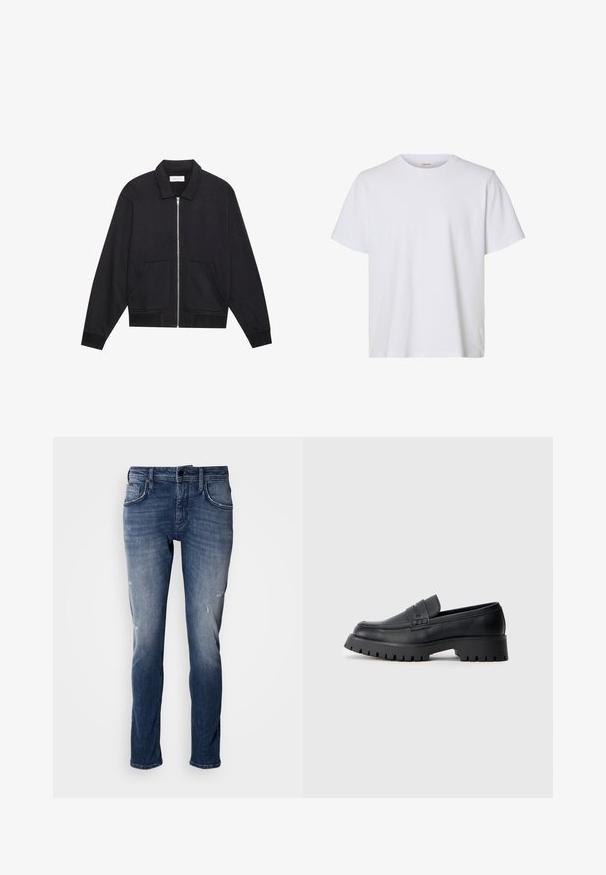 Schwarze Zip-Jacke mit Kragen, zwei Fronttaschen, gerippten Bündchen und einer strukturierten Stoffoberfläche. Einfaches und modernes Design.; Schlichtes weißes T-Shirt mit kurzen Ärmeln, Rundhalsausschnitt, regulärer Passform und glatter Stoffstruktur, auf weißem Hintergrund dargestellt.; Antony Morato KURT COMFORT - Jeans Tapered Fit - blue denim; Schwarze Leder-Loafer mit abgerundeter Schuhspitze, ausgestattet mit einem dekorativen Riemen und einer robusten Gummisohle mit tiefem Profil für besseren Halt.