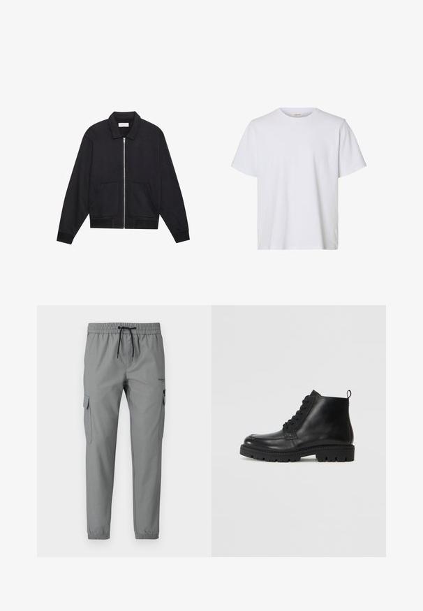Veste noire zippée avec col, deux poches avant, poignets côtelés et finition en tissu texturé. Design simple et moderne.; T-shirt blanc uni à manches courtes, col rond, coupe régulière et texture de tissu lisse, présenté sur fond blanc.; Pantalon de jogging gris avec taille élastique, cordon de serrage et poches cargo latérales. Fabriqué en tissu léger avec une finition lisse.; Bottines en cuir noir à bout rond, avec des lacets à l'avant et une semelle en caoutchouc texturée. Comprend une languette à l'arrière pour un enfilage facile.