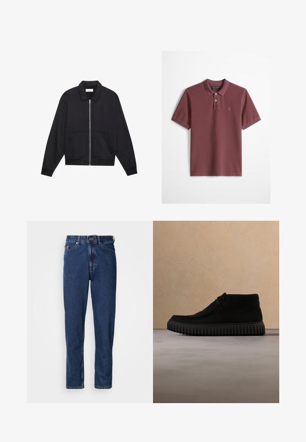 Zwarte ritssluiting jack met een kraag, twee voorkruiszakken, ribgebreide manchetten en een textuurstofafwerking. Eenvoudig en modern ontwerp.; Donkerrood poloshirt met korte mouwen, twee beige knopen, kraag en klein geborduurd logo op de linkerborst.; Donkerblauwe spijkerbroek gemaakt van denim, met een rechte pijp, vijfzakkenontwerp en zichtbare stiksels langs de naden.; Zwarte enkelboots van zacht materiaal, met een ronde neus, minimale veters en een gestructureerde rubberen zool met verticale groeven.