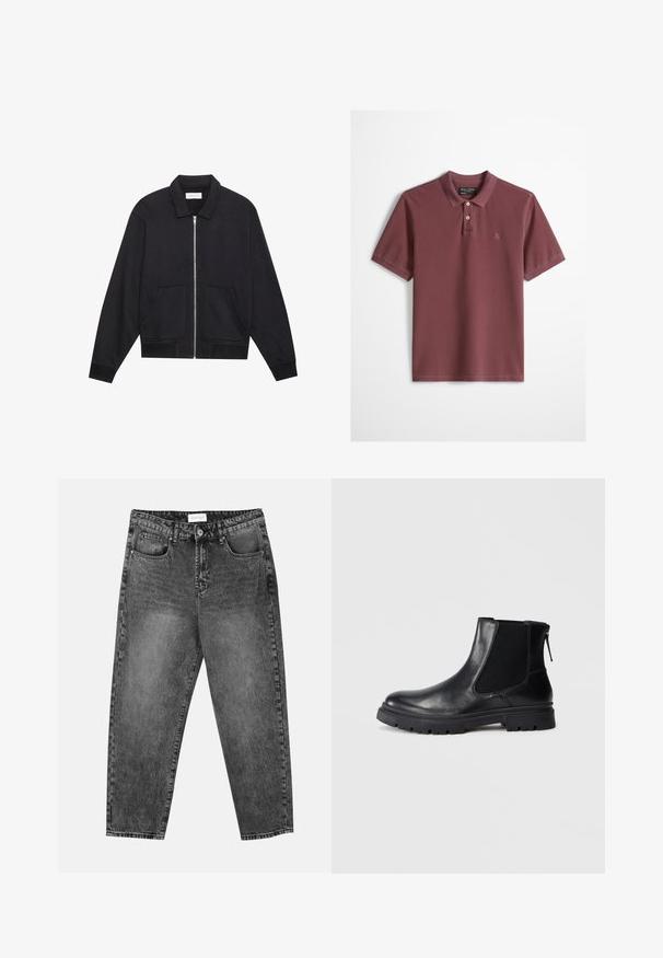 Zwarte ritssluiting jack met een kraag, twee voorkruiszakken, ribgebreide manchetten en een textuurstofafwerking. Eenvoudig en modern ontwerp.; Donkerrood poloshirt met korte mouwen, twee beige knopen, kraag en klein geborduurd logo op de linkerborst.; Zwart gewassen rechte jeans met voor- en achterzakken, riemlussen en een knoopsluiting in de taille.; Zwarte leren enkelboot met een gladde afwerking, elastische mesh zijkanten en een robuuste zool met een zichtbaar profiel.