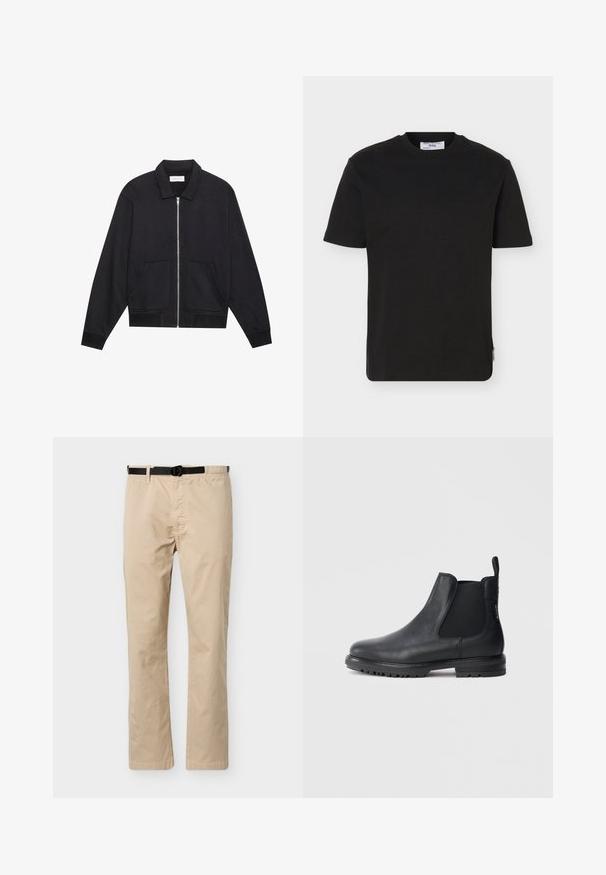 Veste noire zippée avec col, deux poches avant, poignets côtelés et finition en tissu texturé. Design simple et moderne.; T-shirt noir uni à manches courtes et col rond, avec une petite étiquette de marque sur l'ourlet latéral inférieur.; Pantalon beige à jambes droites avec ceinture noire ajustable, taille élastique d'un côté et couture décorative à l'avant.; Bottes Chelsea en cuir noir avec inserts élastiques sur les côtés, bout arrondi et semelle en caoutchouc texturée. Tirette à l'arrière pour faciliter l'enfilage.