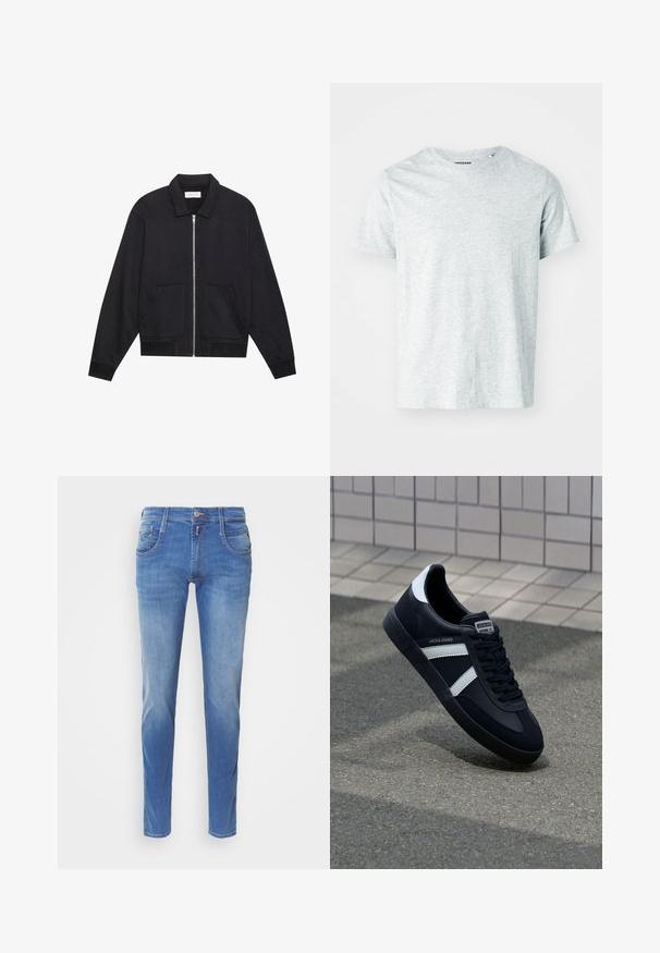 Sort lynlåsjakke med krave, to frontlommer, ribbede manchetter og en struktureret stoffinish. Enkel og moderne design.; Lys grå, kortærmet t-shirt lavet af blødt stof, med en rund hals og en let afslappet pasform. Ingen synlige mønstre eller grafik.; Blå denimjeans med slim fit. Har fem lommer, lukning med knap foran og let falming på benene. Lige benudskæring.; Sort lædersneaker med hvide striber, tekstureret gummisål og snørrebånd foran. Har et brandet mærke på tungen.
