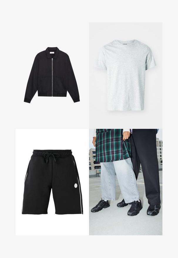 Sort lynlåsjakke med krave, to frontlommer, ribbede manchetter og en struktureret stoffinish. Enkel og moderne design.; Lys grå, kortærmet t-shirt lavet af blødt stof, med en rund hals og en let afslappet pasform. Ingen synlige mønstre eller grafik.; Sorte knælange shorts med elastisk linning og snøre, hvide verticale sidestriber og lille rundt logo på venstre lår.; Sorte atletik sko med mesh- og gummidetaljer. Båret med lysegrå vide jeans og en ternet grøn bluse. Flad overflade i baggrunden.