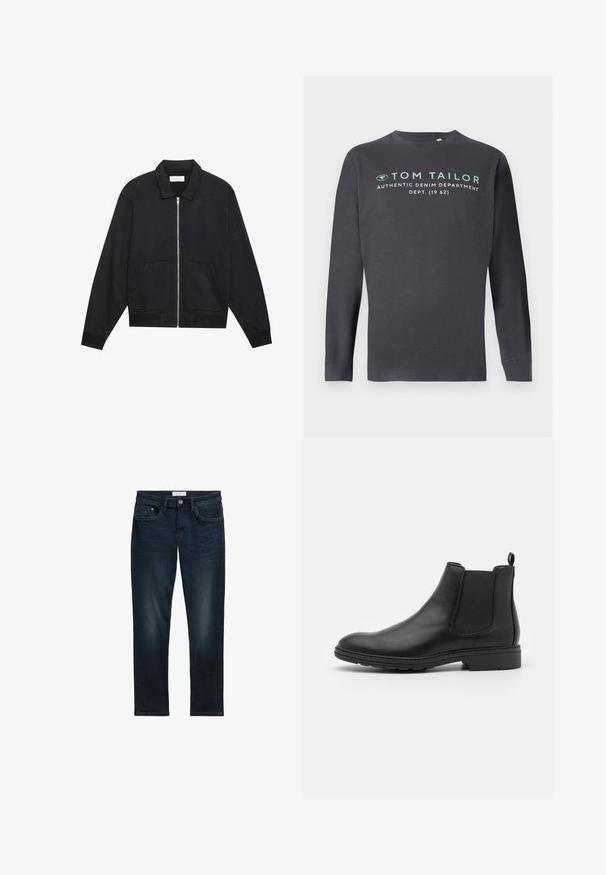 Zwarte ritssluiting jack met een kraag, twee voorkruiszakken, ribgebreide manchetten en een textuurstofafwerking. Eenvoudig en modern ontwerp.; TOM TAILOR PRINTED - Longsleeve - tarmac grey; Donkerblauwe spijkerbroek met een slim fit, met vijf zakken, een knoopsluiting en subtiele vervaging aan de voorkant voor textuur.; Zwarte leren Chelsea-boot met elastische zijpanelen en een trekhaak, met een ronde neus en een gestructureerde rubberen zool.