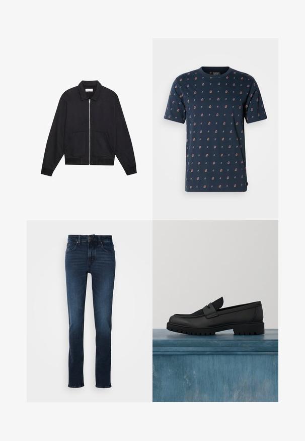 Sort lynlåsjakke med krave, to frontlommer, ribbede manchetter og en struktureret stoffinish. Enkel og moderne design.; Mørkeblå T-shirt med korte ærmer lavet af blød bomuld, med et gentagende farverigt blomster- og stjernemønster, rund halsudskæring og afslappet pasform.; Mørkeblå denim jeans med lige ben-design, fem-lomme stil, frontknaplukning og subtilt slid på lårene.; Sort lædersko uden snørebånd med en tekstureret stofdetalje, en robust gummisål og en glat finish. Har diskrete syningsdetaljer.