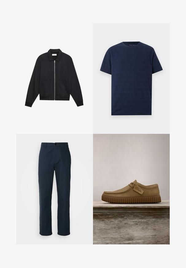 Sort lynlåsjakke med krave, to frontlommer, ribbede manchetter og en struktureret stoffinish. Enkel og moderne design.; Mørkeblå T-shirt med korte ærmer og rund hals med subtile horisontale striber og tekstureret stof, vist på en ensfarvet baggrund.; Marineblå chinos lavet af bomuldsstof, med lige ben-design, knaplukning og sidelommer for funktionalitet.; Lysebrune ruskindsko med rund tå, syet detaljer og en ribbet brun gummisål. Har et sidemærke med "Clarks" logo.
