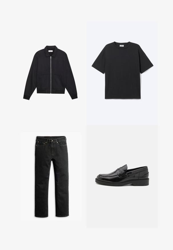 Schwarze Zip-Jacke mit Kragen, zwei Fronttaschen, gerippten Bündchen und einer strukturierten Stoffoberfläche. Einfaches und modernes Design.; Schwarzes T-Shirt mit kurzen Ärmeln und Rundhalsausschnitt in lockerer Passform, Vorderansicht, schlichtes Design und sichtbares Weekday-Label im Krageninneren.; Schwarze Jeans im geraden Schnitt mit fünf Taschen, Gürtelschlaufen und einem Knopfverschluss an der Taille, flach auf einem weißen Hintergrund ausgelegt.; Schwarze Lederloafers mit glatter Oberfläche, abgerundetem Zehenbereich, niedrigem Absatz und dekorativer Naht entlang der Vorderseite. Gummisohle für guten Halt.