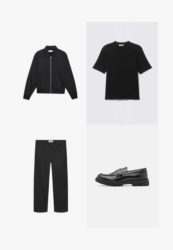 Chaqueta negra con cremallera y cuello, dos bolsillos frontales, puños acanalados y un acabado de tela texturizada. Diseño simple y moderno.; Camiseta negra de manga corta con cuello redondo y etiqueta "WEEKDAY" en el interior del cuello, mostrada plana sobre un fondo claro.; Chinos negros fabricados con un suave tejido de algodón. Cuentan con un cierre de botón, bolsillos frontales y un diseño de pierna recta con bordes limpios.; Mocasin de cuero negro con una cinta ancha en el empeine, suela de goma con tacos gruesos y textura suave. Diseño clásico y elegante.