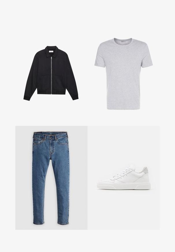 Sort lynlåsjakke med krave, to frontlommer, ribbede manchetter og en struktureret stoffinish. Enkel og moderne design.; Grå bomulds T-shirt med rund hals, korte ærmer og et enkelt design, som har en blød, glat tekstur uden synlige mønstre eller udsmykninger.; Blå denim jeans med lige skæring, fem lommer, orange syninger og en klassisk knap- og lynlåslukning. Slidt tekstur langs benene.; Hvide lædersneakers med en glat finish, rund tå, flade snørebånd og en struktureret sål. Grå ruskindsdetalje ved hælen.