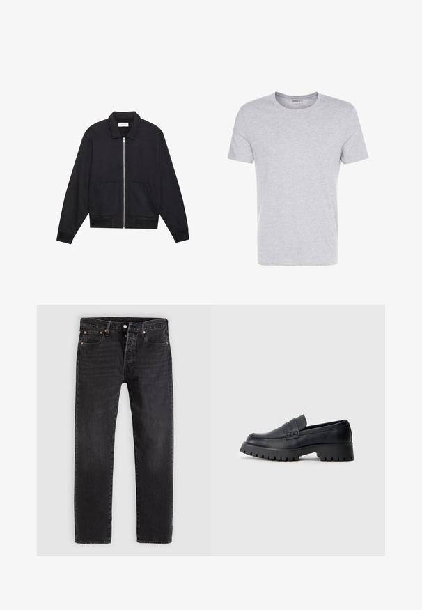 Veste noire zippée avec col, deux poches avant, poignets côtelés et finition en tissu texturé. Design simple et moderne.; T-shirt en coton gris avec un col rond, des manches courtes et un design sobre, offrant une texture douce et lisse sans motifs ni embellissements visibles.; Jean en denim noir à coupe droite, avec deux poches avant, une poche à monnaie et des rivets en métal. Design classique à cinq poches.; Mocassins en cuir noir avec un bout arrondi, présentant une sangle décorative et une semelle en caoutchouc épaisse avec de profonds crampons pour une meilleure adhérence.
