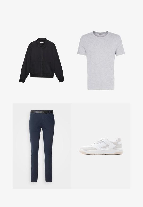 Schwarze Zip-Jacke mit Kragen, zwei Fronttaschen, gerippten Bündchen und einer strukturierten Stoffoberfläche. Einfaches und modernes Design.; Graues Baumwoll-T-Shirt mit Rundhalsausschnitt, kurzärmlig und schlichtem Design, das eine weiche, glatte Textur aufweist und keine sichtbaren Muster oder Verzierungen hat.; Marineblaue Baumwollhose im slim fit, mit einem strukturierten schwarzen Ledergürtel und klassischen Taschen. Schlichtes Design, ohne Muster.; Schwarzer Sneaker in Weiß und hellem Beige mit Schnürverschluss, gepolstertem Kragen und Gummisohle vor einfachem hellem Hintergrund.
