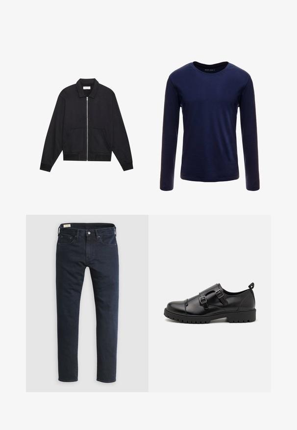 Veste noire zippée avec col, deux poches avant, poignets côtelés et finition en tissu texturé. Design simple et moderne.; T-shirt à manches longues bleu marine en coton doux, doté d'un col rond classique et d'une texture lisse sans motifs ni accents visibles.; Jean en denim bleu foncé avec une coupe droite, design à cinq poches, fermeture à boutons à l'avant et détails de couture minimaux.; Pier One by Zalando Mocassins de ville - black