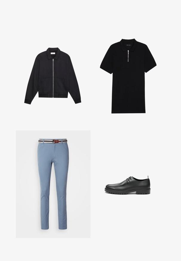 Zwarte ritssluiting jack met een kraag, twee voorkruiszakken, ribgebreide manchetten en een textuurstofafwerking. Eenvoudig en modern ontwerp.; Zwarte polo shirt gemaakt van soepel materiaal, met een ritskraag, korte mouwen en een klassieke kraag. Etiket zegt "PIER ONE."; Lichtblauwe broek met een slim fit, voorzien van een bruine leren riem met witte en marineblauwe gestreepte accenten. Glad stofoppervlak, klassiek ontwerp.; Zwarte lederen schoenen met een gladde afwerking, ronde neus en decoratieve stiksels. Beschikt over een rubberen zool met tractiegrepen en een vetersluiting.