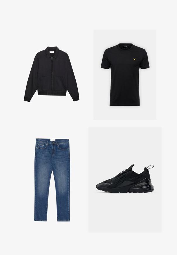 Sort lynlåsjakke med krave, to frontlommer, ribbede manchetter og en struktureret stoffinish. Enkel og moderne design.; Sort bomulds t-shirt med rund hals og korte ærmer, prydet med et lille gult ørne-logo på venstre bryst. Enkel design.; Herre blå denim jeans med lige pasform, fem lommer, let falmning og standard knap- og lynlås lukning.; Sorte Nike Air Max 270 sneakers med en struktureret overdel, mesh-paneler og en blank hæl med en fremtrædende luftdæmpningsenhed.