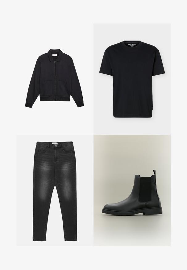 Zwarte ritssluiting jack met een kraag, twee voorkruiszakken, ribgebreide manchetten en een textuurstofafwerking. Eenvoudig en modern ontwerp.; Zwart T-shirt met korte mouwen, ronde hals, een relaxte pasvorm en Marc O’Polo branding aan de binnenkant van de kraag, op een effen achtergrond.; Zwarte spijkerbroek van denim met een vervaagde wassing, hoge taille, vijf-pocket ontwerp en zilveren hardware. Rechte pijpen met contrasterende stiksels.; Zwarte leren enkellaars met elastisch zijpaneel en aantreklus, platte zool en afgeronde neus, getoond in zijprofiel op een neutrale achtergrond.