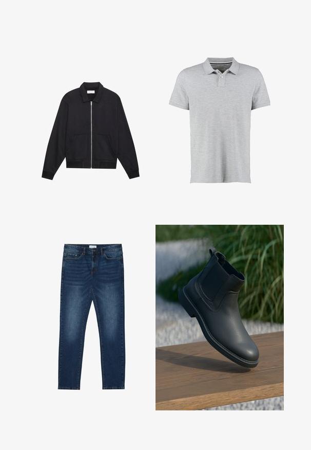 Veste noire zippée avec col, deux poches avant, poignets côtelés et finition en tissu texturé. Design simple et moderne.; Polo gris à manches courtes, en tissu doux, avec un col à côtes subtil et une patte de boutonnage à deux boutons.; Jean slim-fit bleu foncé avec des détails délavés, design classique à cinq poches, fermeture à bouton et passants de ceinture.; Bottine en cuir noir avec des panneaux latéraux élastiques, des accents texturés et une semelle en caoutchouc ; l'affichage comprend une surface en bois et de la verdure.