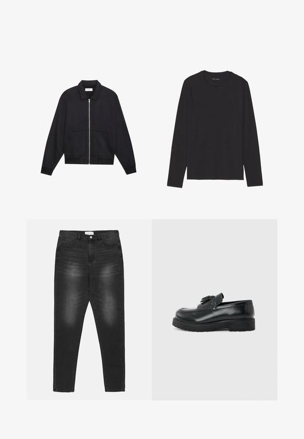 Veste noire zippée avec col, deux poches avant, poignets côtelés et finition en tissu texturé. Design simple et moderne.; T-shirt à manches longues noir en tissu doux et léger. Présente un col rond et un ourlet droit. Aucun motif ou accent visible.; Jean en denim noir avec un effet délavé, taille haute, design à cinq poches et accessoires en métal argenté. Coupe droite avec des détails de surpiqûres contrastées.; Mocassin en cuir noir avec pampilles, semelle épaisse en caoutchouc et talon bas, présenté de profil sur un fond uni.