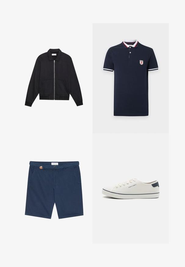 Veste noire zippée avec col, deux poches avant, poignets côtelés et finition en tissu texturé. Design simple et moderne.; Polo bleu marine à manches courtes avec un col orné de bandes blanches, rouges et bleu marine, des rayures blanches sur les manches et une petite écusson logo sur la poitrine.; Shorts bleu marine en coton, dotés d'une ceinture tressée avec un accent en cuir marron, de poches latérales et d'une coupe droite.; Baskets en toile de couleur blanc cassé avec des accents bleu marine, dotées d'un bout rond, d'un système de laçage et d'une semelle en caoutchouc texturé. Esthétique simple et épurée.