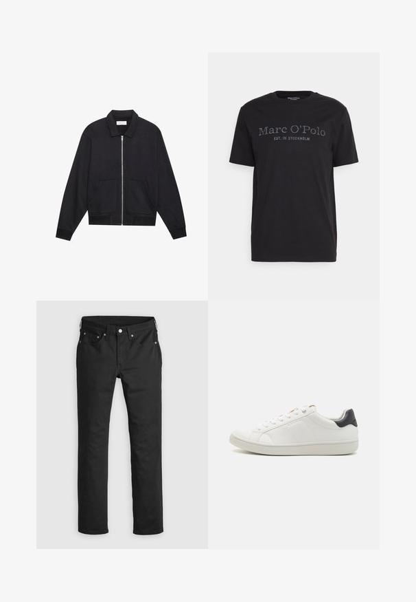 Schwarze Zip-Jacke mit Kragen, zwei Fronttaschen, gerippten Bündchen und einer strukturierten Stoffoberfläche. Einfaches und modernes Design.; Schwarzes Baumwoll-T-Shirt mit Rundhalsausschnitt und kurzen Ärmeln. Auf der Vorderseite sind "Marc O'Polo" und "EST. IN STOCKHOLM" in kontrastierendem Druck abgebildet.; Schwarze Jeanshose mit geradem Bein, ausgestattet mit einem Reißverschluss, fünf Taschen und Metallknopf-Akzenten. Glatte Textur.; Weiße Leder-Sneaker mit abgerundetem Zeh, flacher Gummisohle, seitlichen Nahtdetails und einem kontrastierenden dunklen Fersenakzent. Schnürsenkel mit metallischen Ösen.