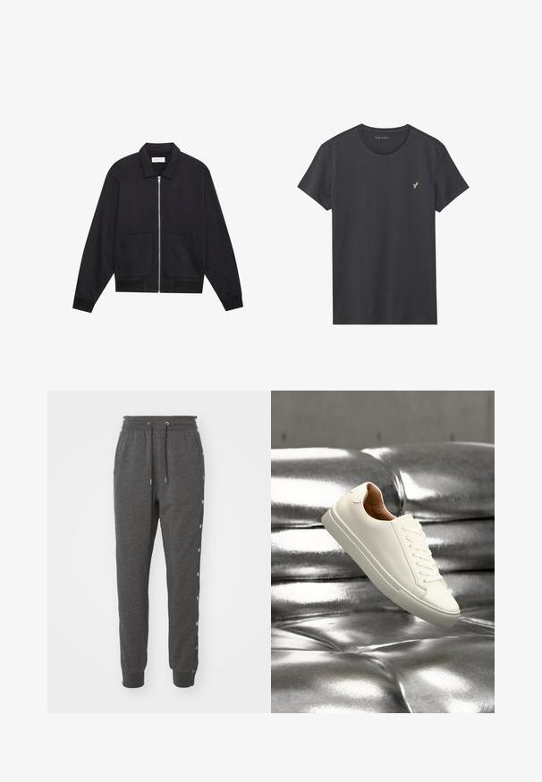 Veste noire zippée avec col, deux poches avant, poignets côtelés et finition en tissu texturé. Design simple et moderne.; T-shirt en coton gris foncé pour homme avec un col rond. Présente un petit logo d'oiseau brodé en or sur la poitrine gauche. Manches courtes, coupe régulière.; Pantalon de survêtement gris en tissu doux, avec une taille élastique à cordon de serrage, des poignets aux chevilles et des boutons-pression sur les côtés pour un accès facile.; Baskets basses blanches flottant au-dessus d'une surface en cuir argenté brillant capitonnée.