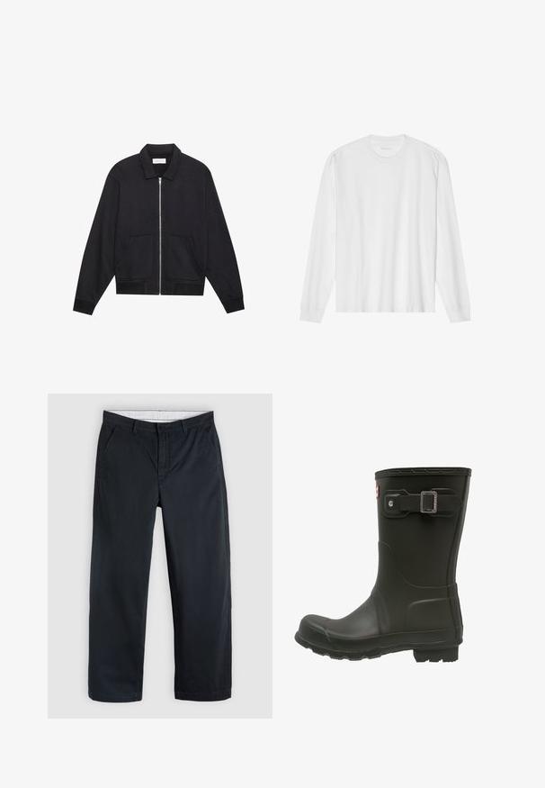 Veste noire zippée avec col, deux poches avant, poignets côtelés et finition en tissu texturé. Design simple et moderne.; T-shirt blanc en coton à manches longues avec col rond, doté de poignets côtelés et d'un ourlet droit, texture lisse et design minimaliste.; Pantalon bleu marine à jambes droites avec passants de ceinture, poches latérales, fermeture par boutons et braguette zippée sur un fond gris clair.; Botte de pluie en caoutchouc noir avec un bout arrondi, une sangle boucle au-dessus et une semelle texturée pour une meilleure adhérence.