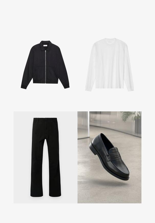 Schwarze Zip-Jacke mit Kragen, zwei Fronttaschen, gerippten Bündchen und einer strukturierten Stoffoberfläche. Einfaches und modernes Design.; Weißes langärmeliges Baumwoll-T-Shirt mit Rundhalsausschnitt, mit gerippten Bündchen und geradem Saum, glatter Textur und minimalistischem Design.; Schwarze gerade geschnittene Hosen mit Fronttaschen, Knopfverschluss und Gürtelschlaufen, vor einem weißen Hintergrund präsentiert.; Schwarzer Lederloafer mit glatter Textur, spitzer Zehe und einem dekorativen Riemen über dem Rist. Leichte Sohle, minimalistisches Design.